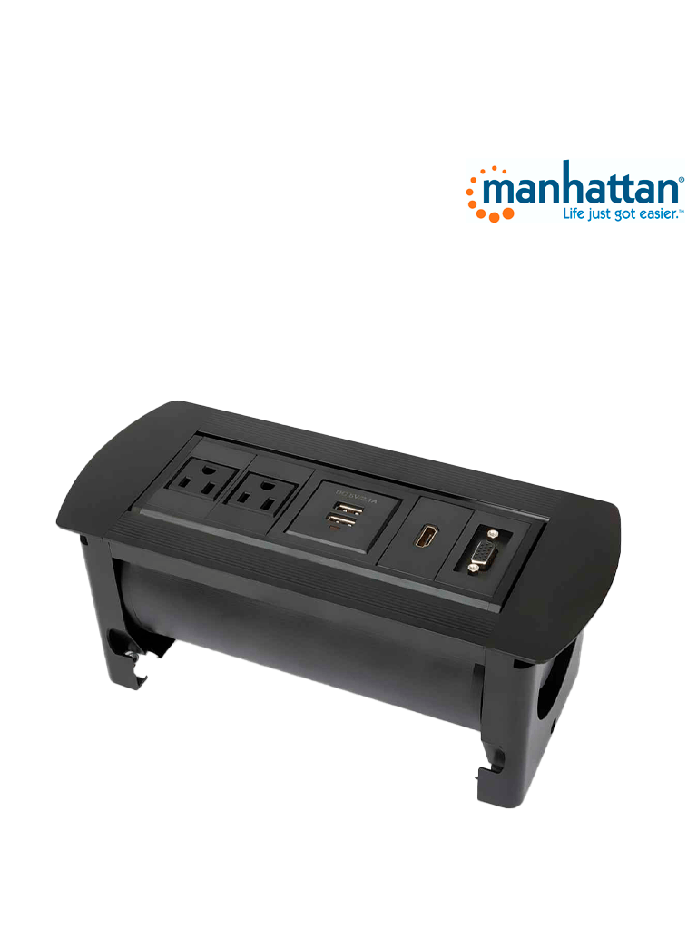 MANHATTAN 164832 - Caja de Conexiones para Escritorio de Apertura Giratoria/ 1 Puerto HDMI con Conexión de Paso/ 2 Contactos Electricos/ 2 puertos USB-A con LED y 1 salida de hasta 2.1A / 5 VDC/ 1 Puerto VGA/