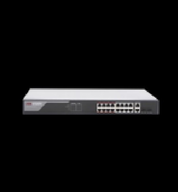 Switch Administrable de 16 puertos PoE+ (hasta 250 m), 10/100 Mbps, 2 puertos SFP, 230 Watts, configuración remota desde Hik-ProConnect