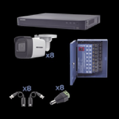 KIT TurboHD 1080p / DVR 8 Canales / 8 Cámaras Bala (exterior 2.8 mm) / Transceptores / Conectores / Fuente de Poder Profesional hasta 15 Vcd para Larga Distancia