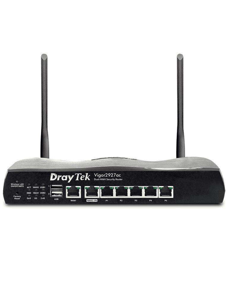 DRAYTEK VIGOR2927AC- Ruteador Inalambrico Multi WAN/ 1 Puertos WAN GE RJ45/ 1 Puerto intercambiable LAN & WAN/ 5 Puertos LAN GE/ 50 VPN/ 2 Puertos USB/ WiFi AC Hasta 1733 Mbps