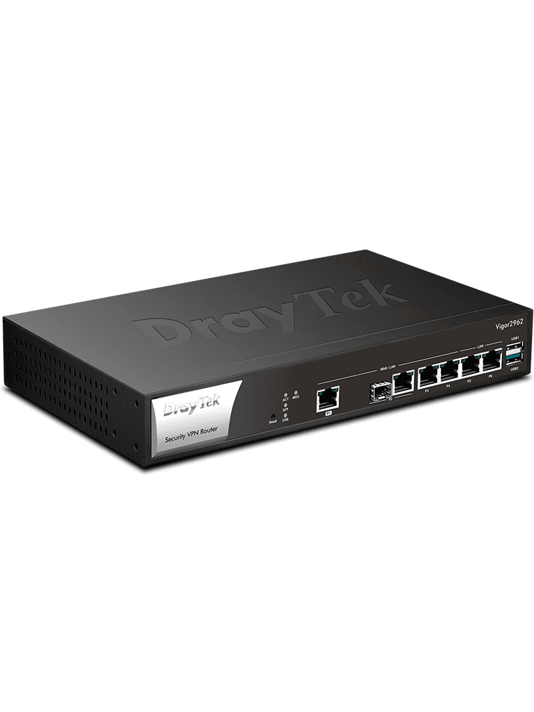 DrayTek VIGOR2962- Ruteador Multi-WAN Balanceador de cargas/ Ideal para PyMEs/ Hasta 200 túneles VPN/ 1 Puerto WAN 2.5GB/ 1 Puerto combo SFP & RJ45 WAN/ 2 Puertos intercambiables LAN & WAN GE/ 2 Puertos fijos LAN RJ45 GE/ Filtrado de contenido WEB