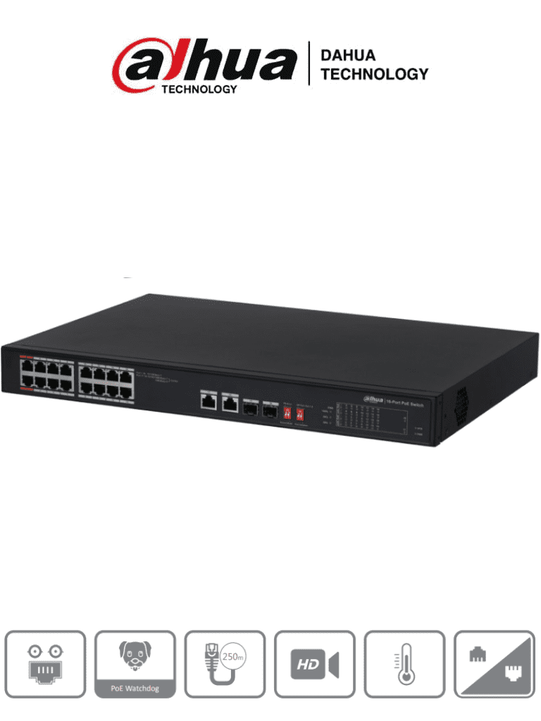 DAHUA DH-PFS3218-16ET-135 - Switch Poe Ethernet de 18 puertos/ 16 puertos PoE 10/100 Mbps/ 135 Watts Totales/ 2 Puertos SFP/ PoE Watchdog/ Switching 7.2 Gbps/ Tasa de Reenvio de paquetes 5.3568/