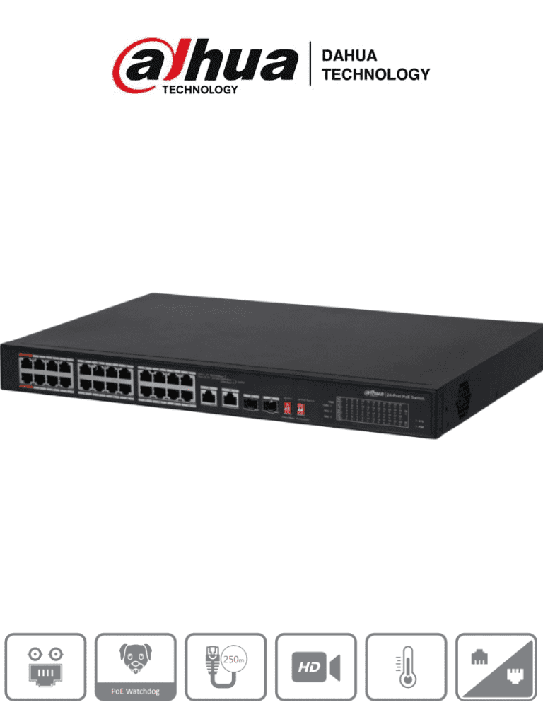 DAHUA DH-PFS3226-24ET-240 - DAHUA Switch PoE Ethernet de 26 Puertos/ 24 Puertos PoE 10/100/ 240 Watts Totales/ Puerto 1 y 2 Soportan 60 Watts Hi-PoE/ 2 Puertos SFP/ PoE Watchdog/ Switching 8.8 Gbps/ Tasa de Reenvio de paquetes 6.5472/