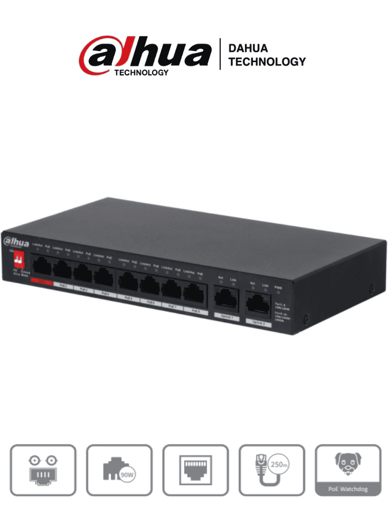 DAHUA PFS3010-8ET-96 - Switch Poe de 10 Puertos Fast Ethernet/ 8 Puertos PoE/ 2 Puertos Uplink 10/100/1000/ 96 Watts Totales/ Soporta PoE Watchdog/ Switching 5.60 Gbps/ Tasa de Reenvio de Paquetes 4.17 Mbps/