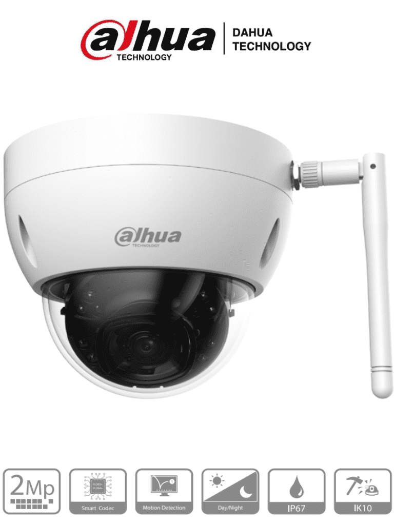 DAHUA IPC-HDBW1235E-W-S2 - Camara IP Domo Wifi de 2 Megapixeles/ Lente de 2.8 mm/ 113 Grados de Apertura/ IR de 30 Metros/ H.265/ Ranura para MicroSD/ IP67/ Antivandalica IK10/ DWDR/ #LoNuevo