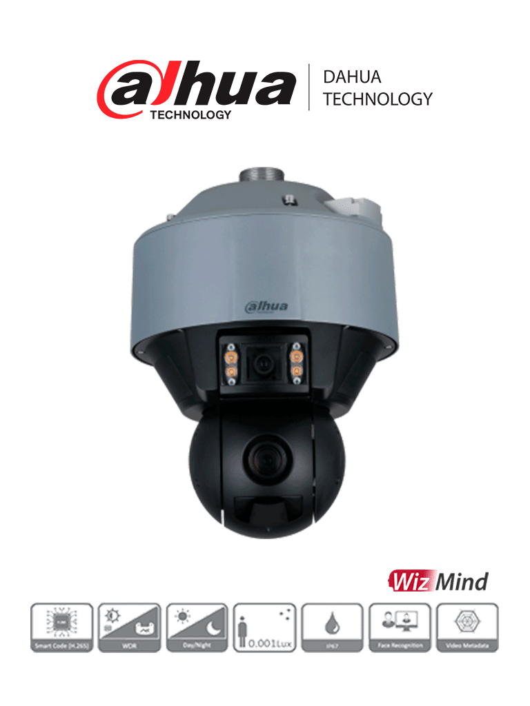 DAHUA DH-SDT5X405-4F-QA - Cámara PTZ Dual de 4 Megapixeles con Inteligencia Artificial/ Lente panorámico de 6mm/ Lente para Detalle de Zoom 10-50mm/ IR de 100 Mts/ Soporta Reconocimiento de Rostros/ Captura de Rostros/ #LoNuevo