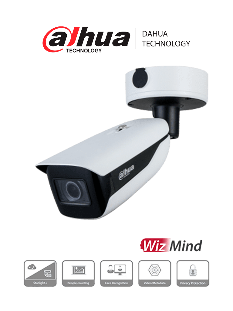 DAHUA IPC-HFW7442HN-ZFR - Camara IP Bullet de 4 Megapixeles con Reconocimiento Facial/ WizMind/ Lente Motorizado de 2.7 a 12mm/H.265+/ Inteligencia Artificial: Conteo de Personas, Protección Perimetral, etc/ WDR 140 dB/ 3&2 E&S de Alarma/ IP67/ #LoNuevo