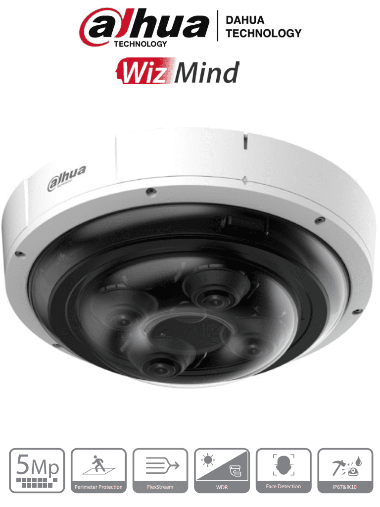 DAHUA DH-IPC-PDBW82041N- B360 - Camara IP Domo Multisensor Panorámico de 5 Megapixeles/ 4 Lentes/ WDR Real de 120db/ Funciones Inteligentes/ IR de 30 Mts/ IP67/ Antivandalico (IK10)/ 3&2 E&S de Alarmas/ Ranura MicroSD/