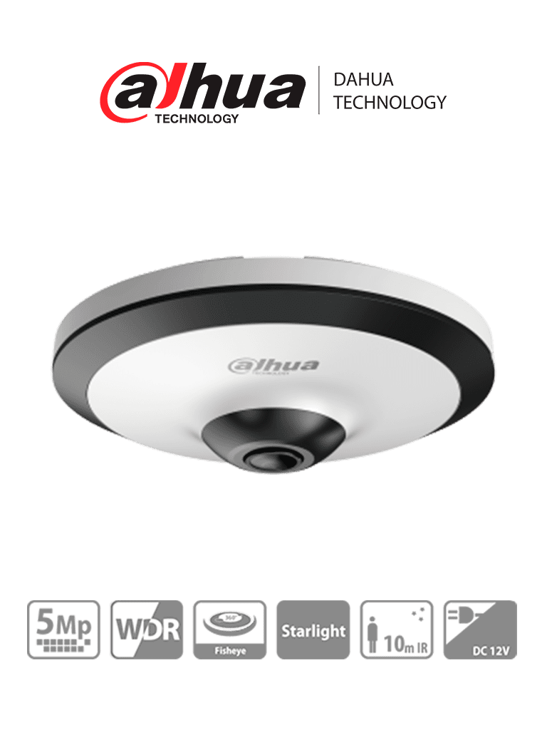 DAHUA EW2501 - Camara FishEye de 5 Megapixeles HDCVI/ 360 Grados/ IR de 10 Mts/ WDR Real de 120dB/ Microfono Integrado/ Uso Interior/ Starlight, 2D&3DNR