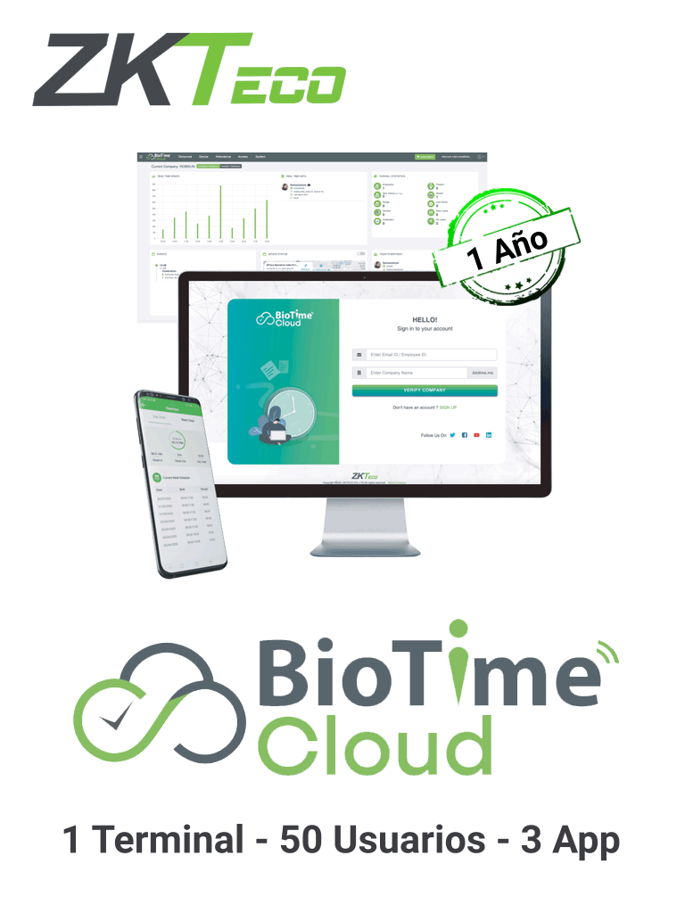 ZKTECO BIOTIMECLOUDSTANDARD - Licencia para asistencia en la nube de 1 año / 1 dispositivo / 50 usuarios / 3 app / 100,000 eventos / 100,000 notificaciones por WhatsApp