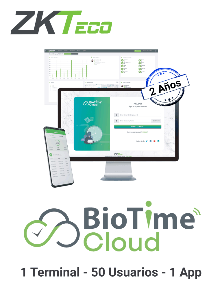 ZKTECO BIOTIMECLOUDPREMIUM - Licencia para asistencia en la nube de 2 años / 1 dispositivo / 50 usuarios / 1 app / 250,000 eventos / 250,000 notificaciones por WhatsApp