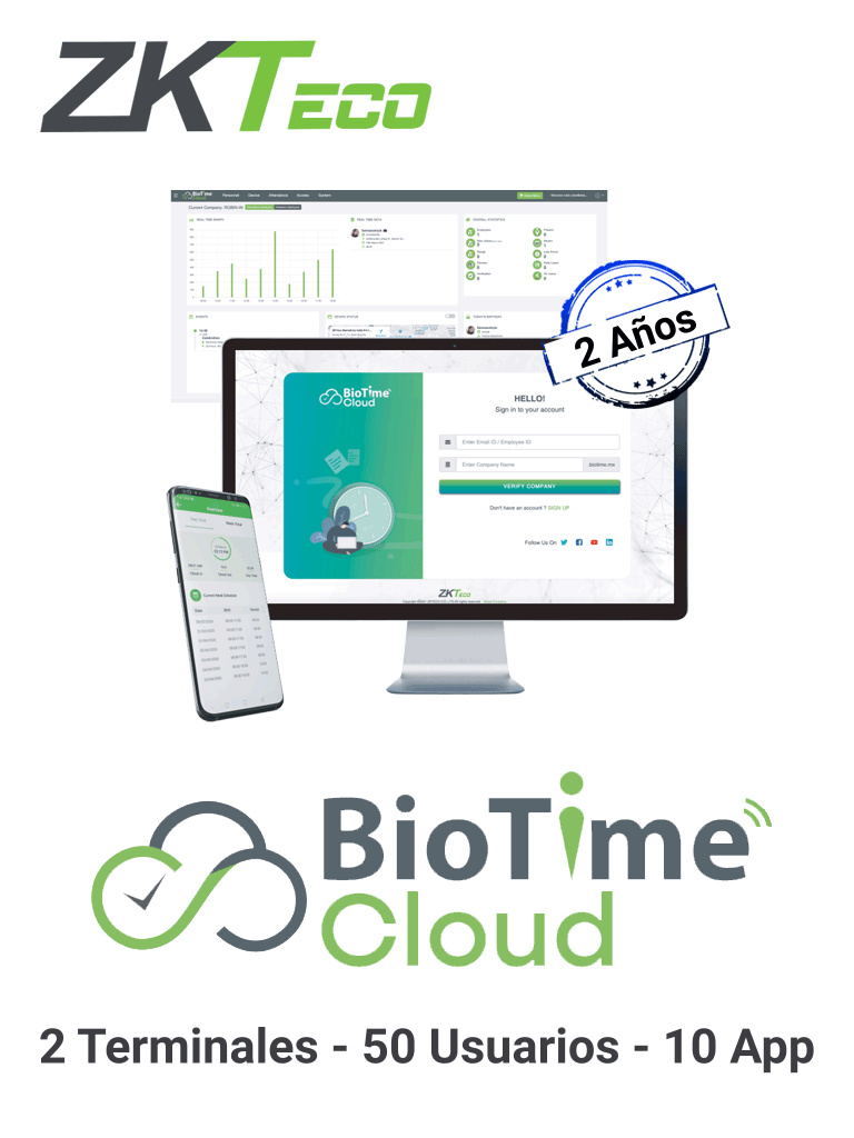 ZKTECO BIOTIMECLOUDENTERPRISE - Licencia para asistencia en la nube de 2 año / 2 dispositivos / 50 usuarios / 10 app / 300,000 eventos / 300,000 notificaciones por WhatsApp