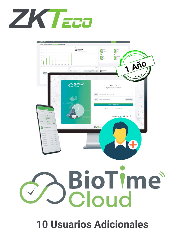 ZKTECO BTIMECLOUDADDUSER10 - Licencia de incremento para 10 usuarios adicionales para BioTimeCloud de 1 año / Se requiere licencia base para su activación