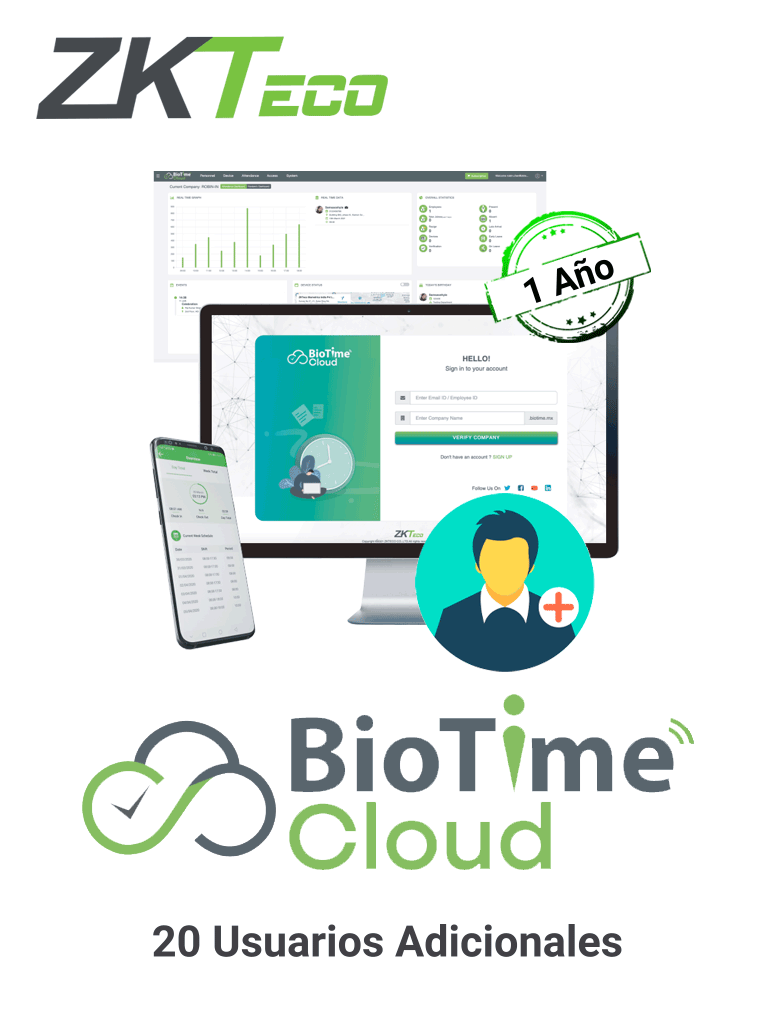 ZKTECO BTIMECLOUDADDUSER20 - Licencia de incremento para 20 usuarios adicionales para BioTimeCloud de 1 año / Se requiere licencia base para su activación