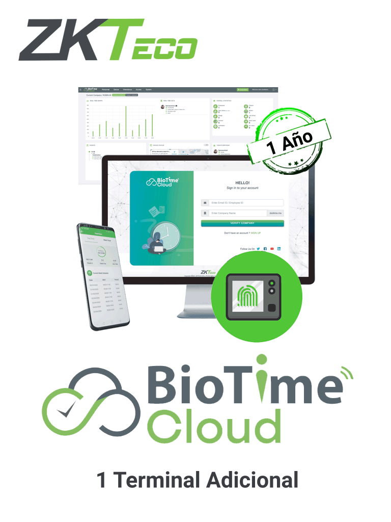 ZKTECO BIOTIMECLOUDADDDEVICE1 - Licencia de incremento para 1 dispositivo adicional para BioTimeCloud / 1 año / Se requiere licencia base para su activación