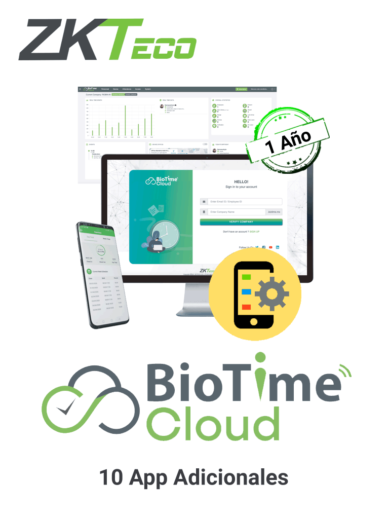 ZKTECO BIOTIMECLOUDADDAPP10 - Licencia de incremento para 10 puntos de aplicación para BioTimeCloud / 1 año