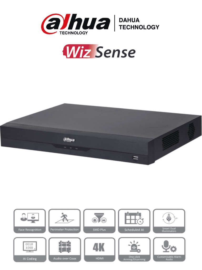 DAHUA XVR5216AN-4KL-I3 - DVR de 16 Canales 4k/ WizSense/ IA/ H.265+/ 2 Bahías de Disco Duro/ 16 Ch HDCVI + 16 IP (Hasta 32 IP)/ 2 Canales de Reconocimiento Facial/ SMD Plus/ Codificación IA/ Funciones IoT&POS/ Audio Bidireccional/ #LoNuevo