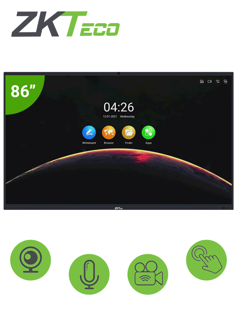 ZKTECO IWB86B - Pantalla Digital Interactiva / 86 pulgadas / 4K UHD / Bisel Delgado / Cámara Integrada 13 megapíxeles / Matriz de 6 Micrófonos / #INGENIERO