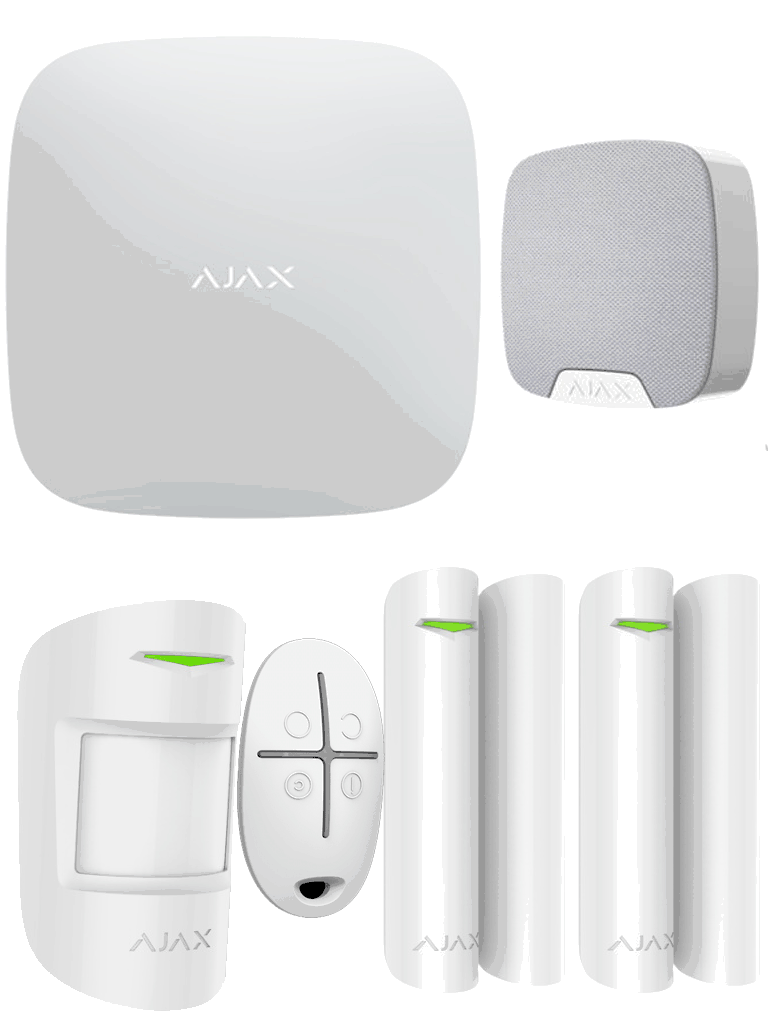 AJAX KIT RESIDENCIAL - Panel de alarma control mediante aplicación para smartphone, 1 sensor de movimiento, 2 detectores para puerta o ventana, 1 control remoto y una sirena interior inalambrica.