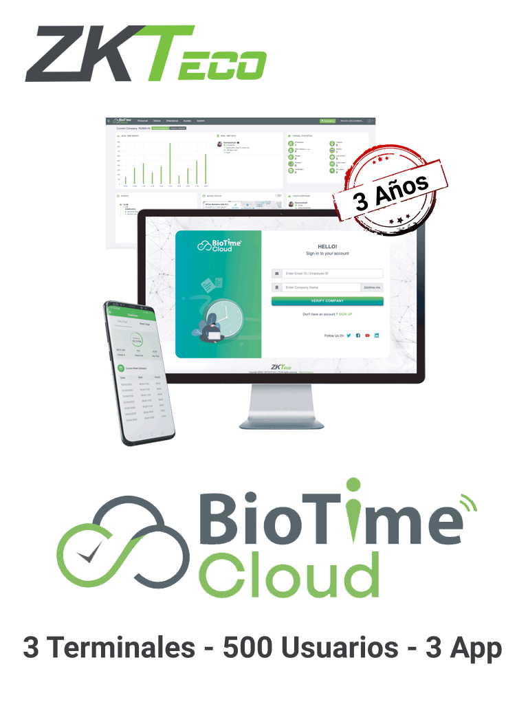 ZKTECO BIOTIMECLOUDSTANDAR - Licencia para asistencia en la nube de 3 año / 3 dispositivo / 500 usuarios / 3 app / 100,000 notificaciones por Whats App