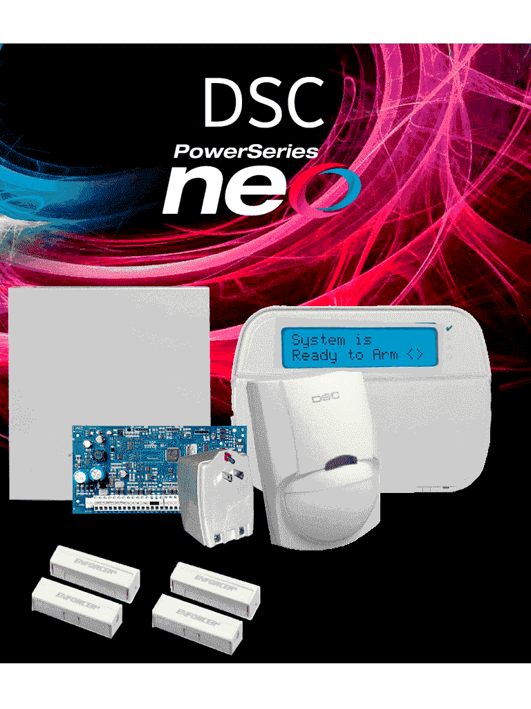 DSC NEO-LCD-SB - Paquete SERIE NEO con panel HS2032 de 8 zonas cableadas expandible a 32 / Teclado Alfanumerico HS2LCDN / Sensor PIR LC-100- PI Cableado / 2 contactos blancos cableados / Transformador / Gabinete GTVCMX003 / Sin Batería/ #LosPrincipales