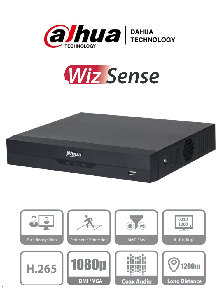 DAHUA XVR5104HS-I2 (I3) - DVR de 4 Canales 5 Megapixeles Lite/ WizSense/ 1 Ch de Reconocimiento Facial/ 1 Ch Protección Perimetral/ SDM Plus/ Funciones IoT & POS/ H.265+/ 1 SATA/ HDCVI/AHD/TVI/CVBS/