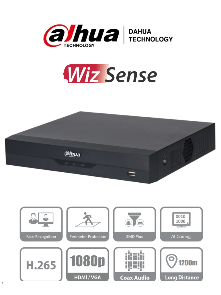 DAHUA XVR5104HS-4KL-I2 (I3) - DVR de 4 Canales 4k/ WizSense/ H.265+/ 4 Canales HDCVI+4 IP/ Hasta 8 Ch IP/ 1 Ch de Reconocimiento Facial/ SDM Plus/ 1 Ch Proteccion Perimetral/ 1 SATA de hasta 10TB/ Soporta HDCVI/AHD/TVI/CVBS