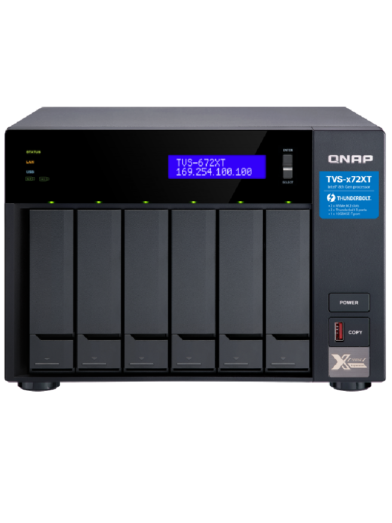 QNAP TVS672XTI38G - NAS Servidor de archivos / 6 Bahias SATA / QUADCORE I3 3.1GHZ / 8 GB RAM Expandible / 2 GBE LAN RJ45 / 1 10GBASE-T 10G / 5G / 2,5G / 1G / 100M / MULTIPLATAFORM / No incluye rieles