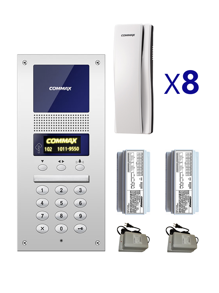 COMMAX AUDIOGATEPACK8 - Paquete de Audioportero para edificios departamentales/ Incluye Frente de calle, 8 Auriculares, 2 distribuidores CCU204AGF, 2 fuentes de 24 VDC / #Audiogate