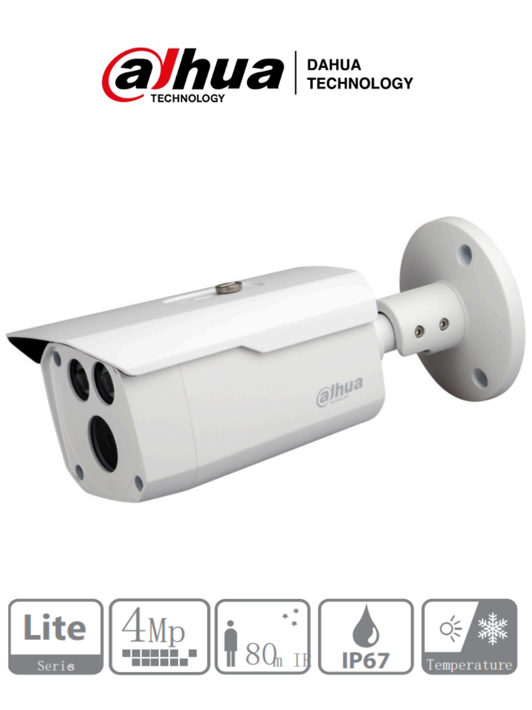 DAHUA HAC-HFW1400D - Camara Bullet de 4 Megapixeles/ Lente 3.6 mm / 84 Grados de Apertura/ IR de 80 Mts/ DWDR/ 2D NR/ Metalica/ IP67/ Menu OSD