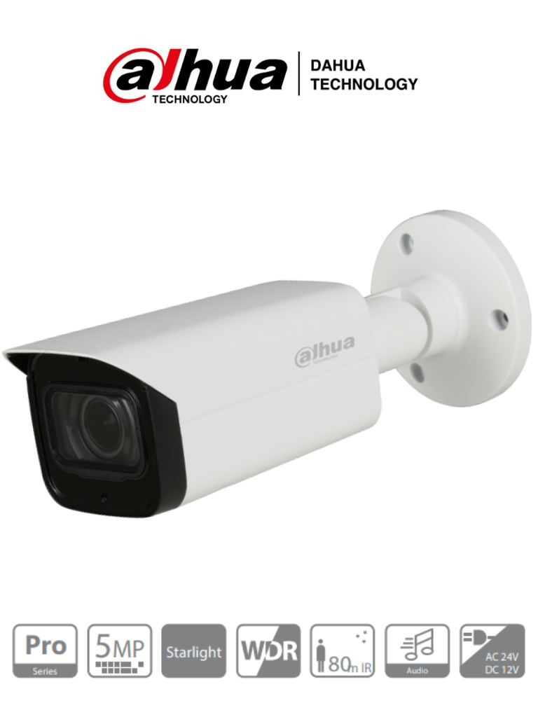 DAHUA HFW2501TZADP - Cámara Bullet de 5 Megapixeles Starlight/ Lente Motorizado de 2.7 a 13.5mm/ Serie Pro/ 0.005 Lux/ WDR 120 dB/ Ir 80 Mts/ Microfono Integrado+ 1 Canal de Audio/ IP67/ 12VDC/24VAC/ #UltimosDahua