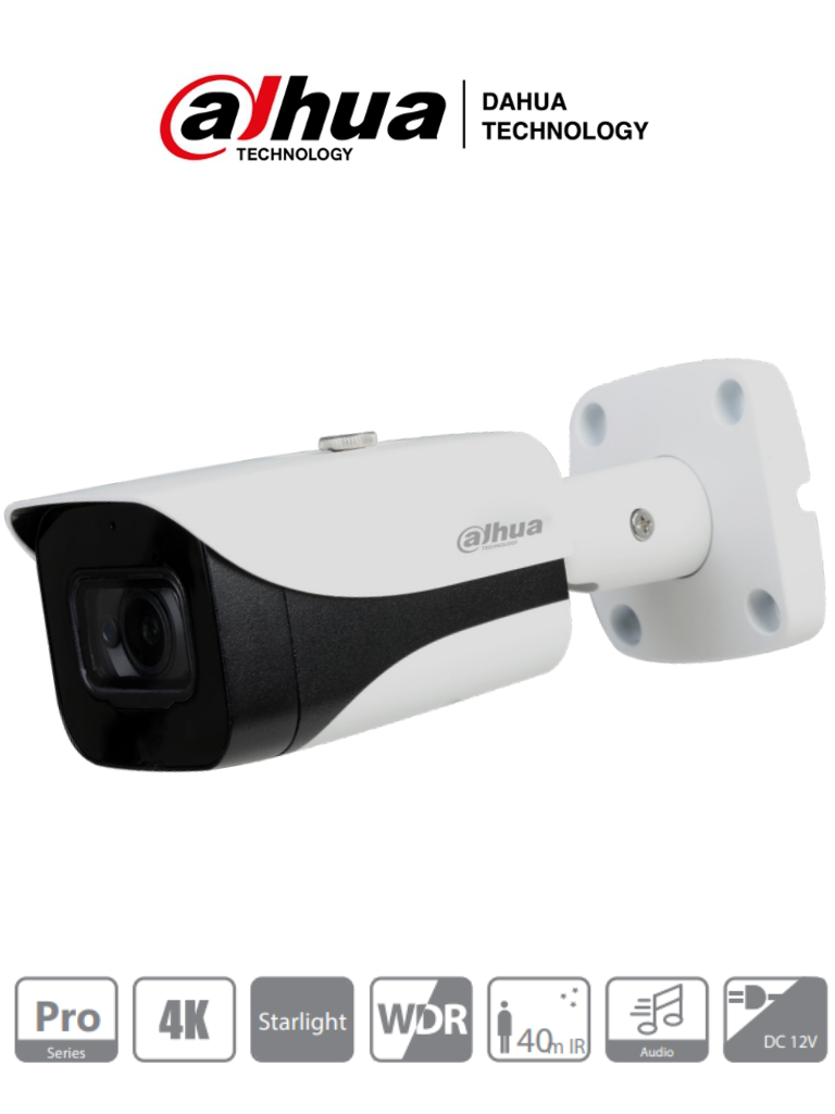 DAHUA HFW2802E-A-036 - Camara Bullet 4k Starlight/ 8 Megapixeles/ Lente de 3.6mm/ 0.005 Lux color/ WDR Real/ IR de 40M/ IP67/ 3DNR/ Microfono Integrado + 1 Entrada de Audio/ #SeriePro #Starlight