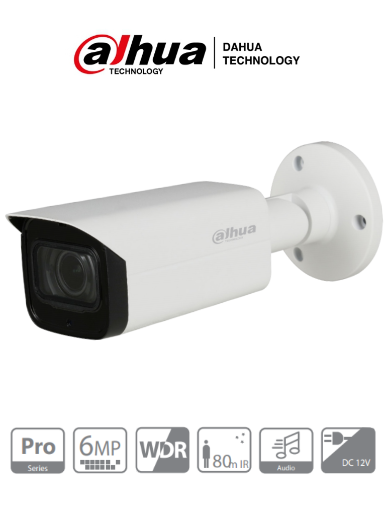 DAHUA HFW2601T-Z-A - Camara Bullet de 6 Megapixeles/ Lente Motorizado 2.7 a 13.5mm/ WDR Real/ IR de 80 Mts/ IP67/ Microfono Integrado + 1 Entrada de Audio/ IP67/ 3DNR/ #UltimosDahua