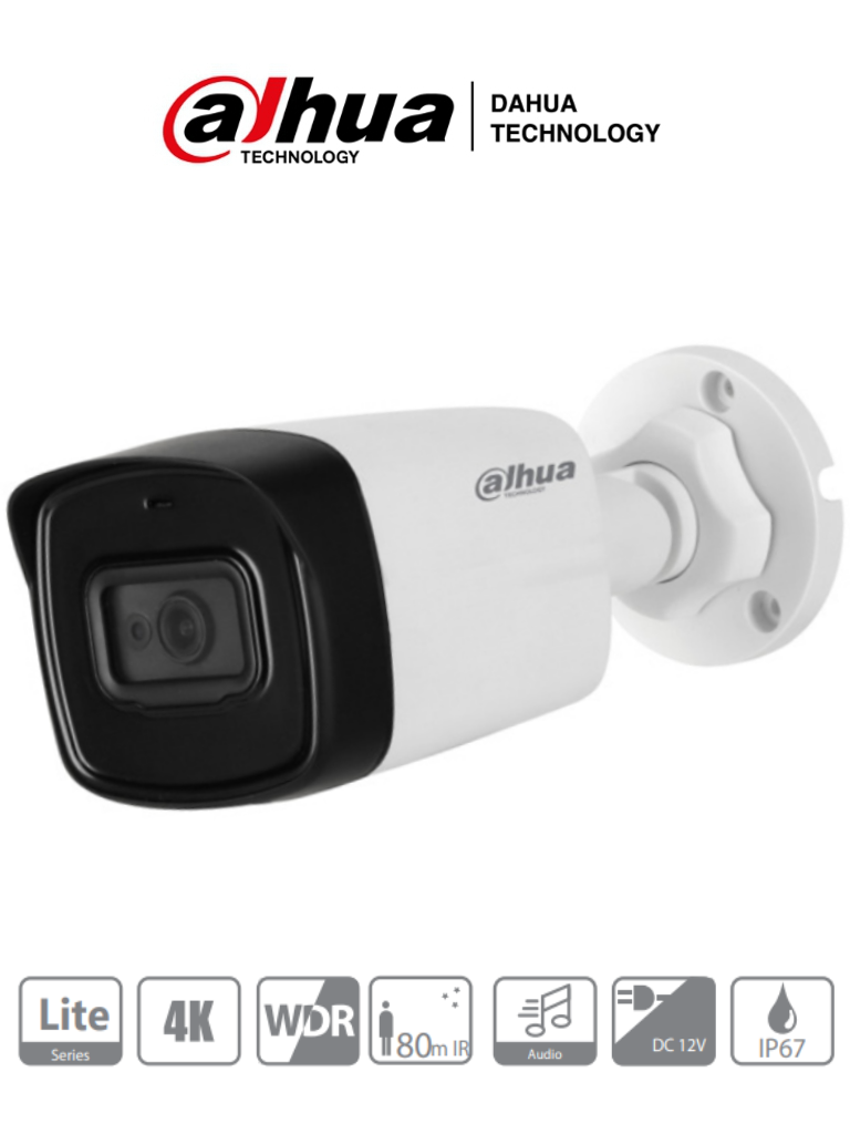 DAHUA HFW1801TL-A - Camara Bullet 4K con Microfono Integrado/ Lente de 2.8 mm/ IR de 80 Mts/ WDR Real/ Soporta CVI/TVI/AHD/CVBS / IP67/