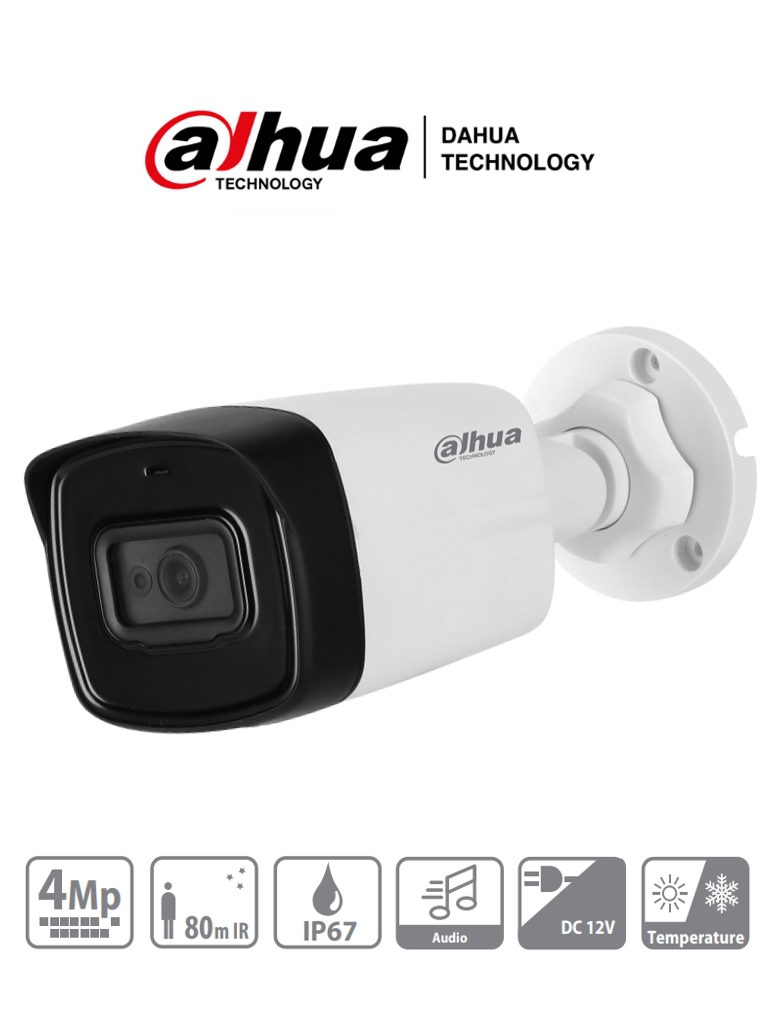 DAHUA HFW1400TL-A - Cámara Bullet 4 Megapixeles/ Lente de 2.8 mm/ Angulo de 97 Grados/ Microfono Integrado/ IR de 80 Mts/ IP67/ DWDR/