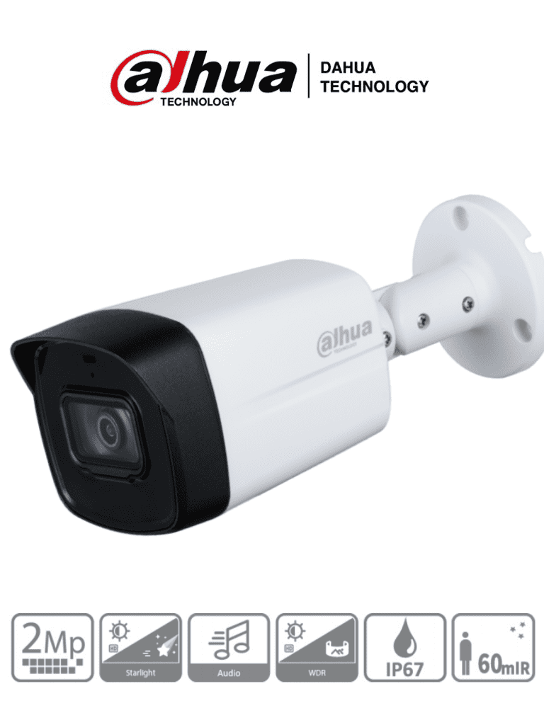 DAHUA HAC-HFW1231TLM-I6 - Camara Bullet de 2 Megapixeles/ Super Adapt/ Lente de 2.8 mm/ 107 Grados de Apertura/ IR de 60 Mts/ WDR Real de 130 dB/ IP67/ Soporta:CVI/CVBS/AHD/TVI/