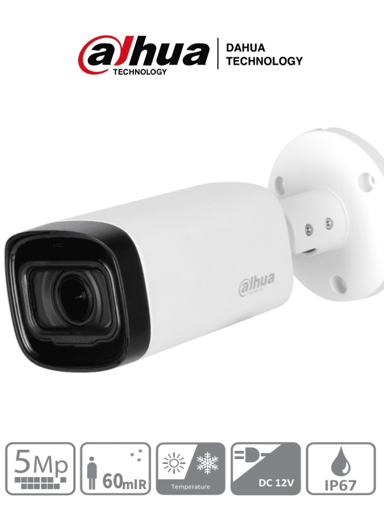 DAHUA HAC-HFW1500R-Z-IRE6 - Camara Bullet de 5 Megapixeles/ Lente Motorizado de 2.7 a 12 mm/ IR de 60 Mts/ Metálica/ IP67/ BLC/HLC/DWDR/ Soporta: CVI/CVBS/AHD/TVI/