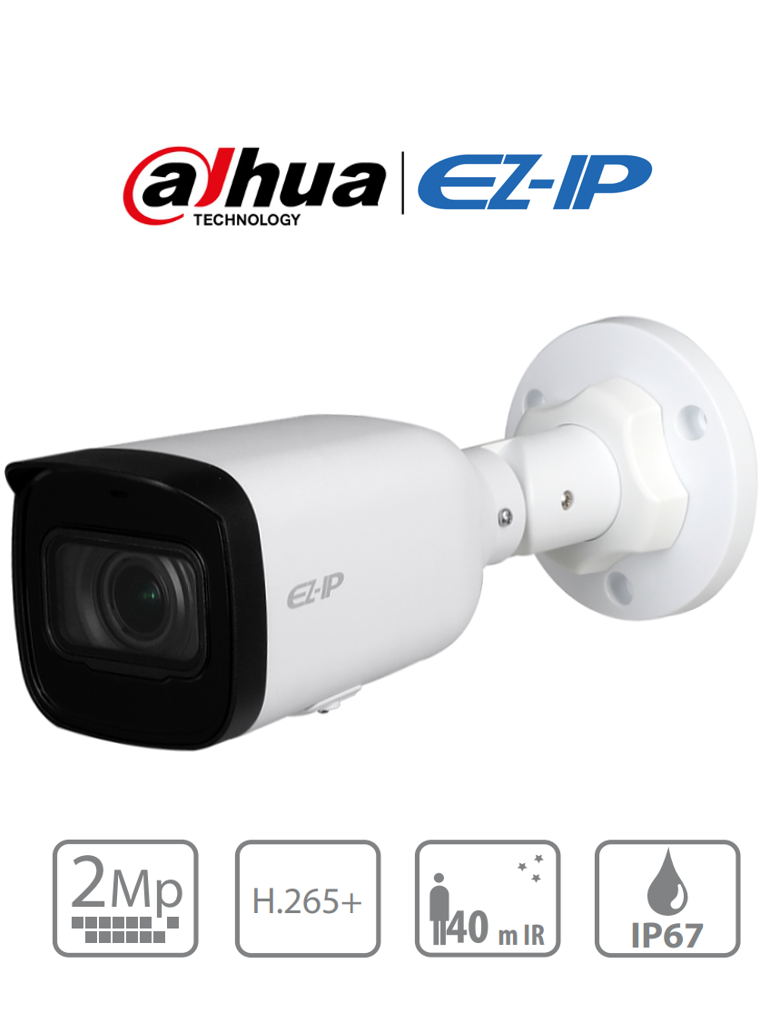 DAHUA EZIP IPC-B2B20-ZS - Camara IP Bullet de 2 MP/ Lente Motorizado 2.8 a 12 mm/ H.265+/ IR 40 Mts/ IP67/ PoE/ Ranura MICRO SD/