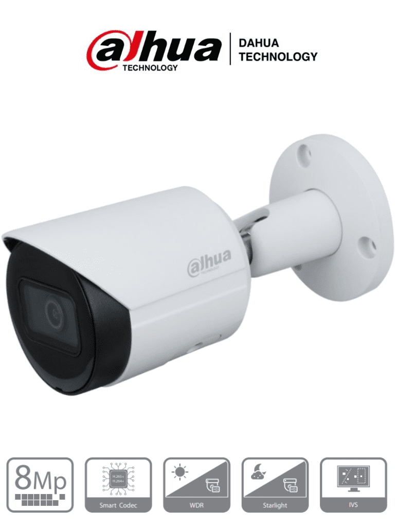 DAHUA IPC-HFW2831S-S2 - Cámara IP Bullet 4k/ 8 Megapixeles/ Lente de 2.8 mm/ 105 Grados de Apertura/ H.265+/ IR de 30 Mts/ Metalica/ WDR Real de 120 dB/ IP67/ Videoanaliticos con IVS/ Ranura para MicroSD/ PoE/