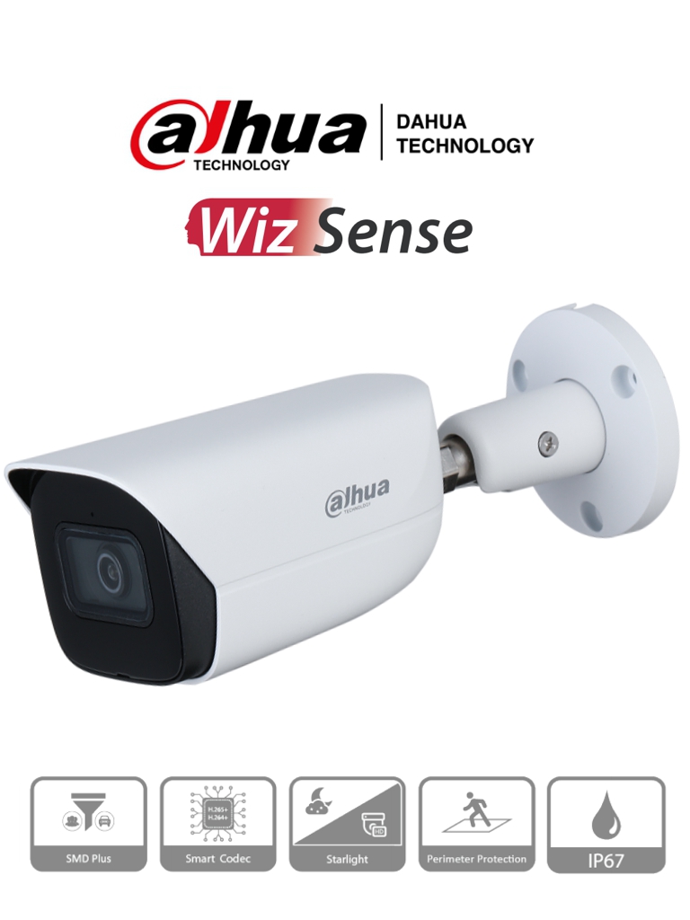 DAHUA IPC-HFW3241E-SA - Camara IP Bullet con Inteligencia Artificial/ 2 Megapixeles/ Lente de 2.8mm/ 106 Grados de Apertura/ Microfono Integrado/ Wizsense/ WDR de 120 dB/ IR de 50 Mts/ SMD Plus/ IP67/ Ranura para MicroSD/ Protección Perimetral/