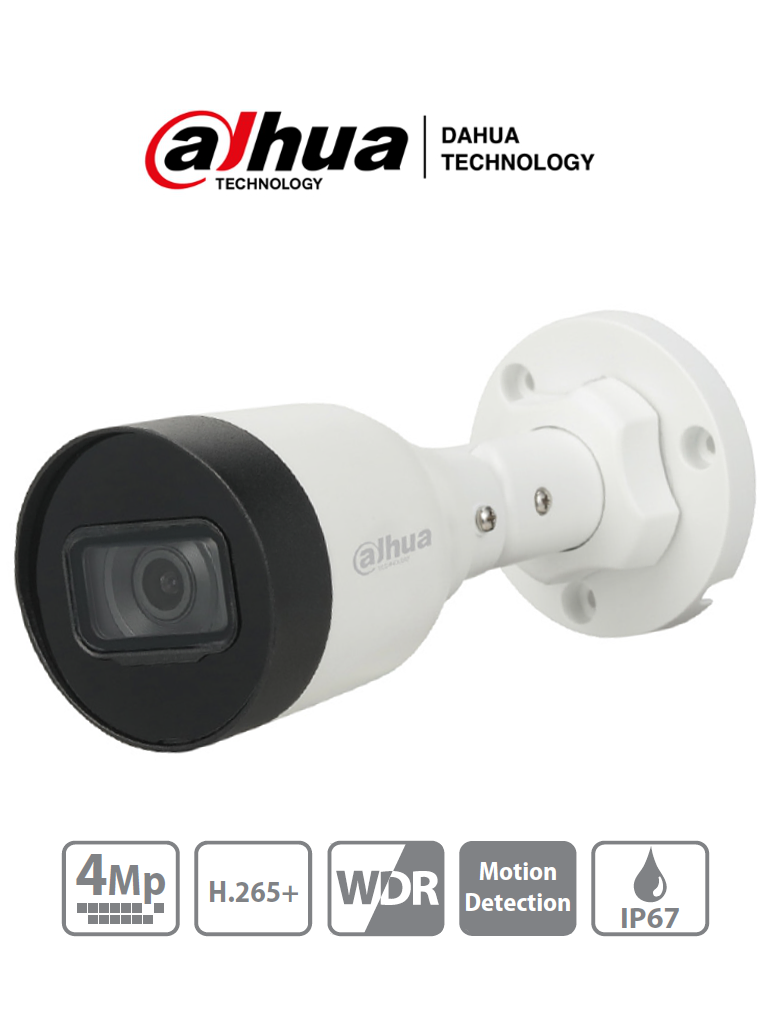 DAHUA DH-IPC-HFW1431S1-S4 - Cámara IP Bullet de 4 Megapixeles/ H.265+/ Lente de 2.8mm/ 93 Grados de Apertura/ IR de 30 Metros/ 30 FPS/ WDR/ IP67/