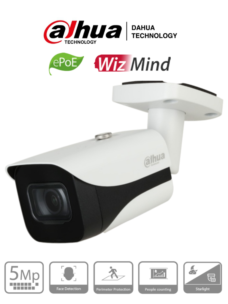 DAHUA IPC-HFW5541E-SE- Camara IP Bullet de 5 Megapixeles/ H.265+/ Lente de 2.8mm/ WDR Real de 120 dB/ IR de 50 Mts/ ePoE/ Ranura para MicroSD/ IP67/ IVS / Captura de Rostro/