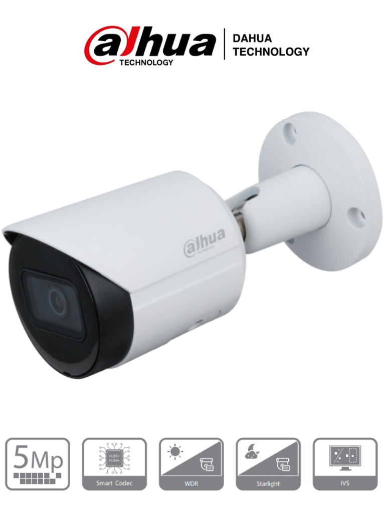 DAHUA IPC-HFW2531S-S-S2 - Cámara IP Bullet de 5 Megapixeles/ H265+/ Lente 2.8 mm/ 103 Grados de Apertura/ IR de 30 Mts/ Metalica/ WDR Real 120 dB/ PoE/ IP67/ Starlight/ Videoanaliticos con IVS/ Ranura para MicroSD/