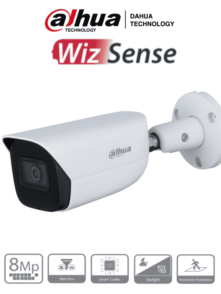 DAHUA IPC-HFW3841E-AS - Camara IP Bullet de 8 Megapixeles/ WizSense con Inteligencia Artificial/ Lente de 2.8 mm/ H.265/ IR de 30 Mts/ Microfono Integrado/ WDR/ E&S de Audio y Alarma/ SMD Plus/ IP67/ MicroSD/