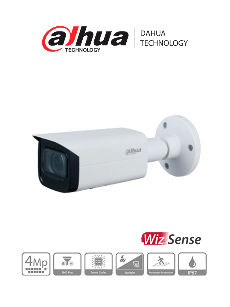 DAHUA IPC-HFW3441TN-ZS-27135 - Cámara IP Bullet de 4 MP/ WizSense/ Lente Motorizado de 2.7 a 13.5mm/ IR de 60 Metros/ H.265+/ WDR Real/ Protección Perimetral/ IP67/ PoE/ SMD Plus/