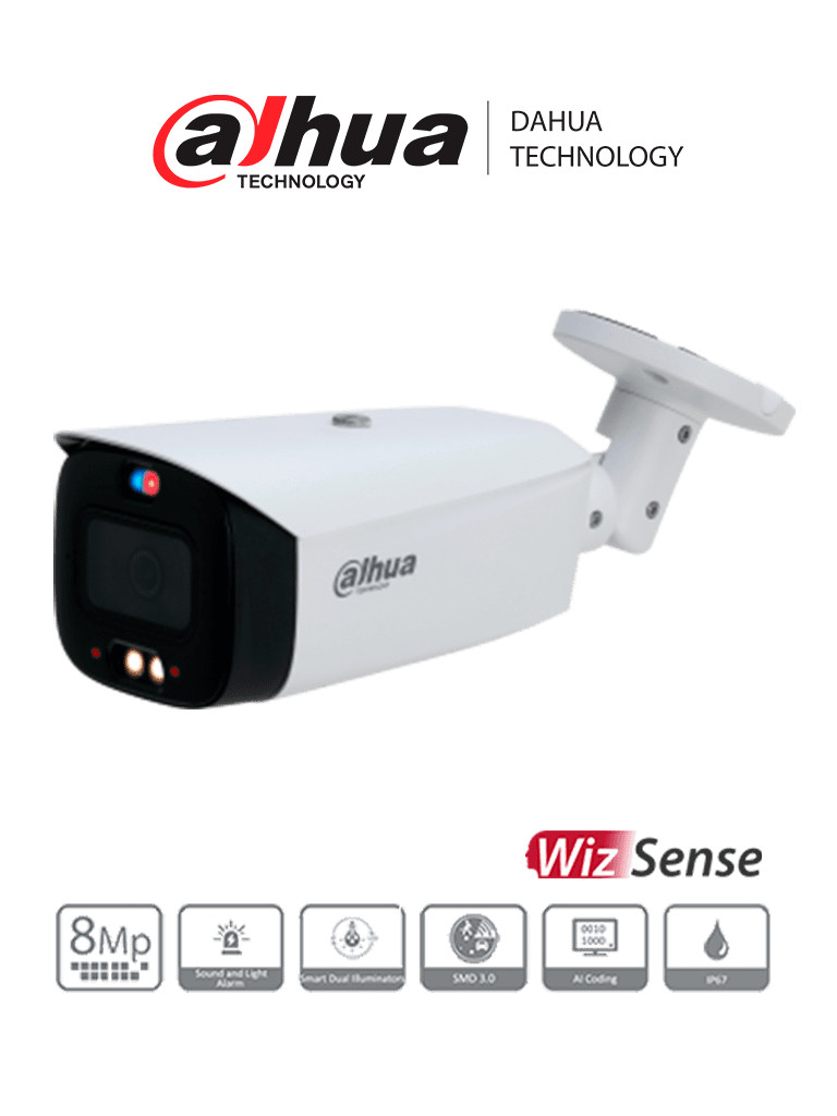 DAHUA IPC-HFW3849T1-AS-PV - Camara IP Bullet de 8 Megapixeles con Disuación Activa/ TiOC/ WizSense/ Lente de 2.8mm/ Ir de 30 Mts/ Leds de Luz Visible para 30 Metros/ SMD 3.0/ E&S de Audio y Alarma/ IP67/