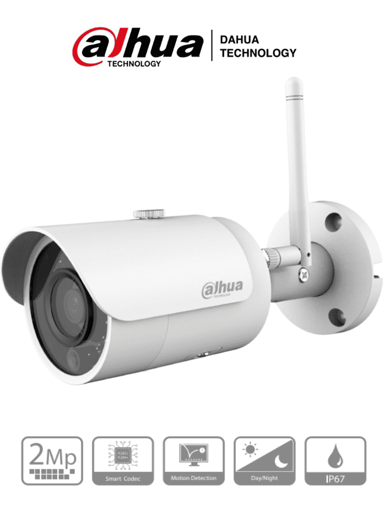 DAHUA IPC-HFW1235S-W-S2 - Camara IP Bullet Wifi de 2 Megapixeles/ Lente de 2.8 mm/ 106 Grados de Apertura/ H.265/ IR de 30 Mts/ Ranura para MicroSD/ IP67/ DWDR, 3D DNR, HLC, BLC/