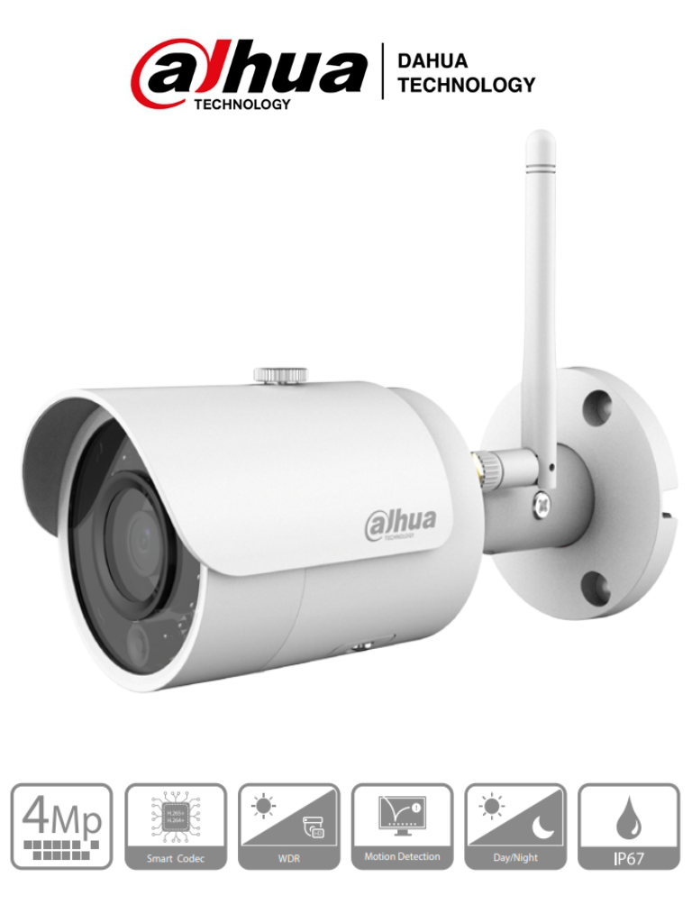 DAHUA IPC-HFW1435S-W-S2 - Camara IP bullet 4 megapixeles WiFi / Lente 2.8 mm / Angulo de vision 97 grados / Luz ir 30 metros / HLC / IP67 / ONVIF / Ranura para MicroSD