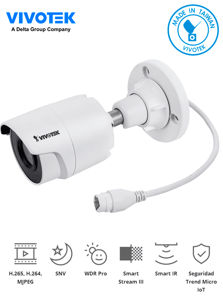 VIVOTEK IB9380-H - Camara IP bullet exterior 5 Megapixeles/ H265/Lente 3.6mm/ Smart IR 30mts/ WDR Pro/ Visión SNV/Ciberseguridad Trend Micro/ Smart Stream III/ Ranura para MicroSD/SDHC/SDXC/ Protección IP66, IK10/ NDAA/ONVIF