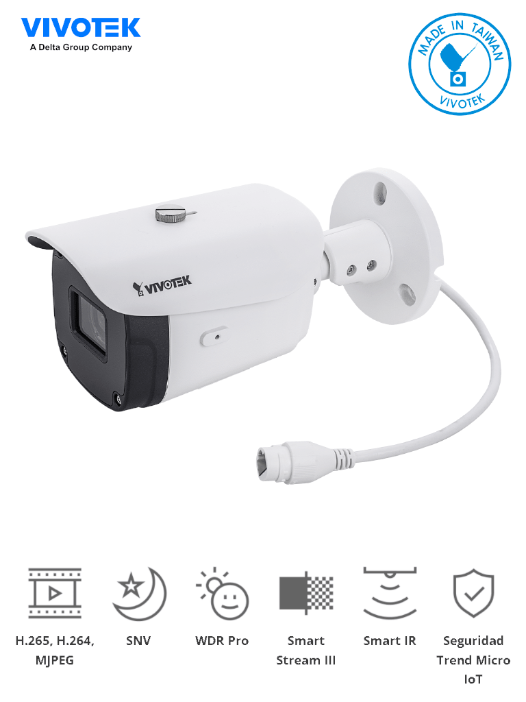 VIVOTEK IB9368-HT - Cámara IP bullet exterior 2 Megapixeles/ Lente Varifocal Remoto 2.8- 12mm /H265/Smart IR 30mts/ WDR Pro/ Visión SNV/ Ciberseguridad Trend Micro/ Smart Stream III/ Protección IP66, IK10/ NDAA/ ONVIF